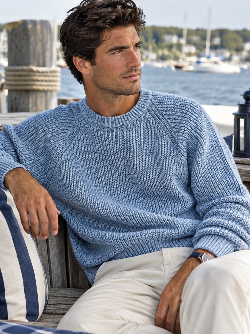Vintage 90s Men’s Powder Blue Chunky Knit Raglan Crewneck Sweater L